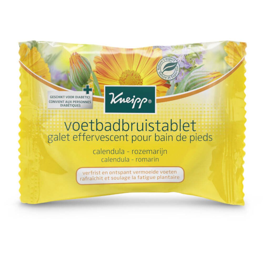 Gelbe Verpackung mit Produktnamen und floralem Design. Text: 'voetbadbruistablet', 'calendula - rozemarijn'.