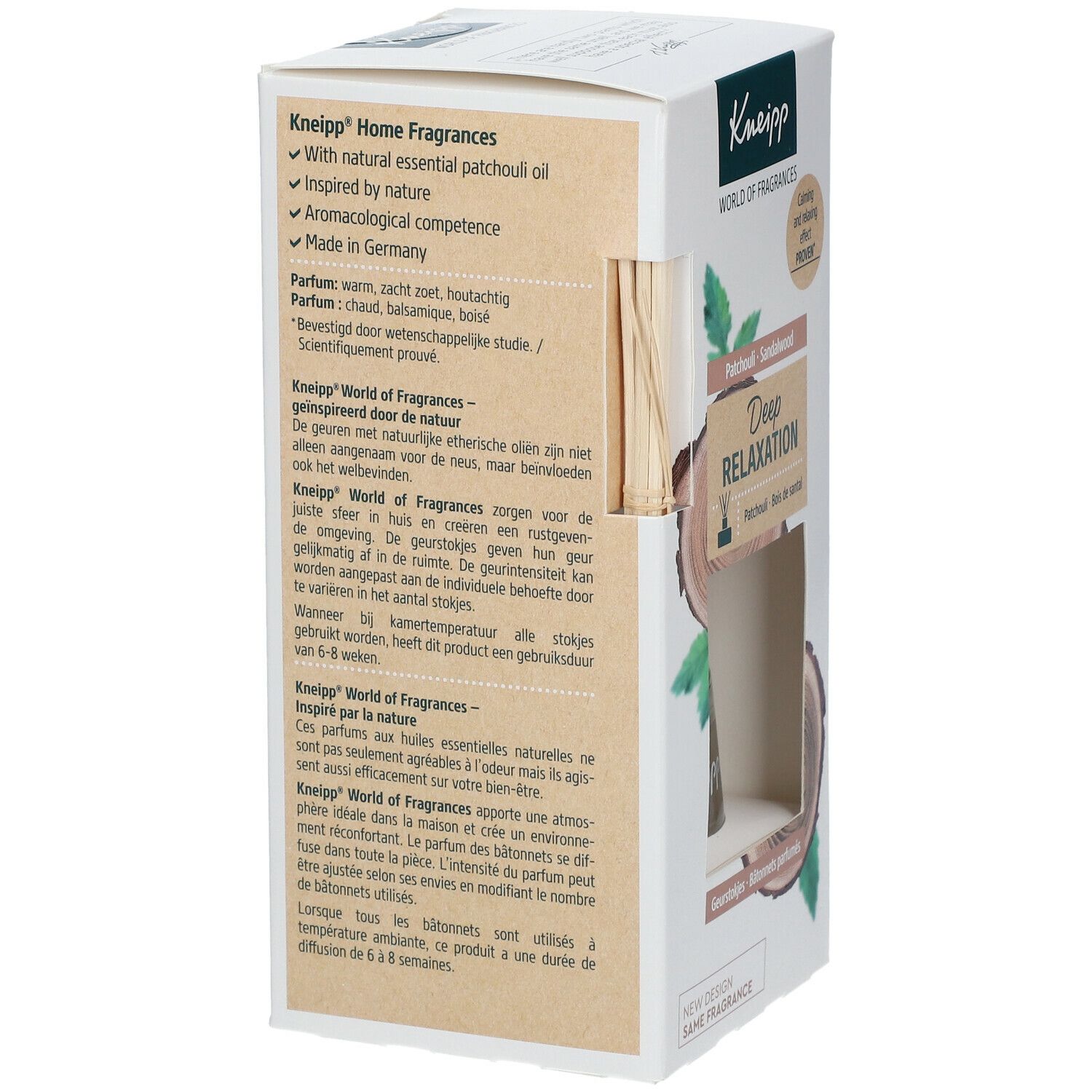Achterkant Kneipp geurverpakking. Tekstinformatie in het Duits, Nederlands, Frans. Houten stokjes in de doos.