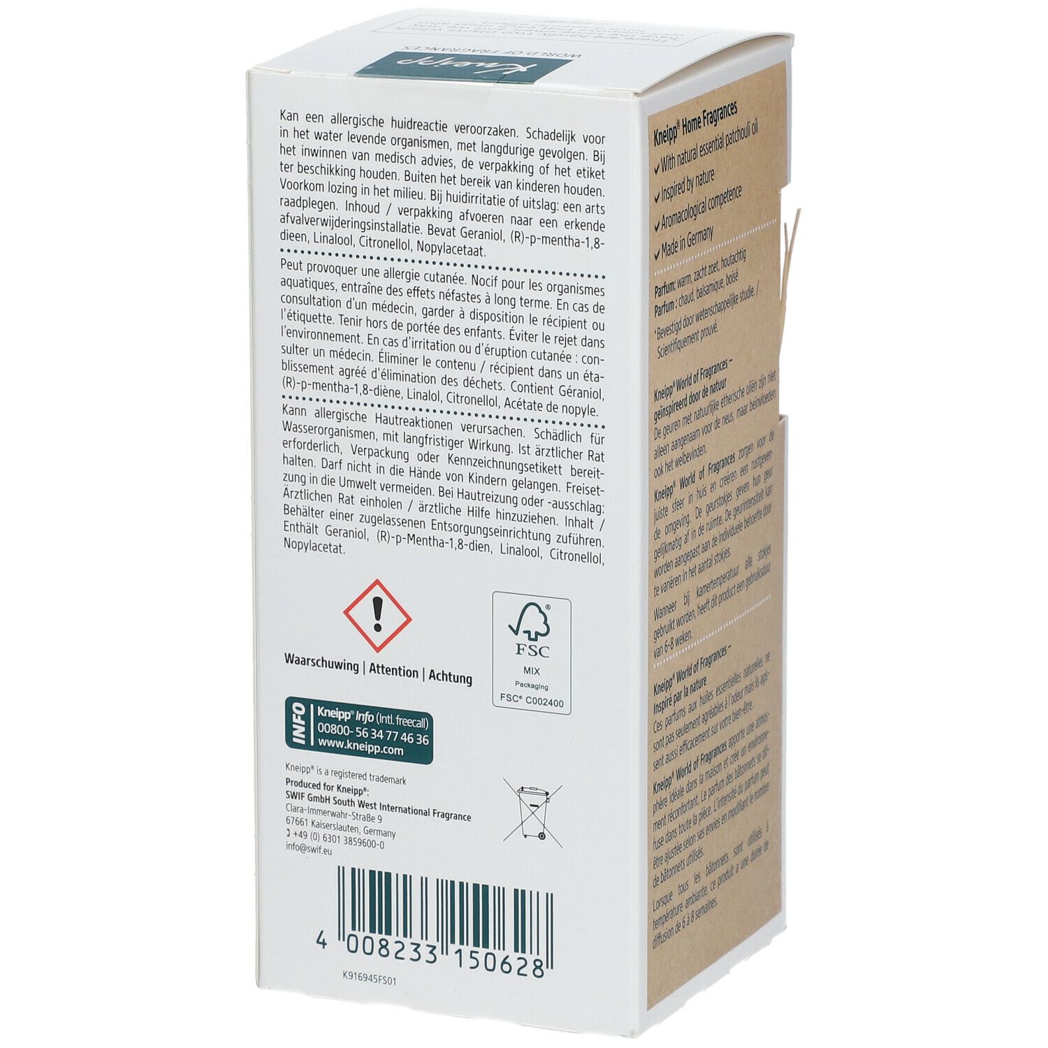 Achterkant Kneipp geurverpakking. Waarschuwingen, FSC-label, barcode. Gevaarsymbool.