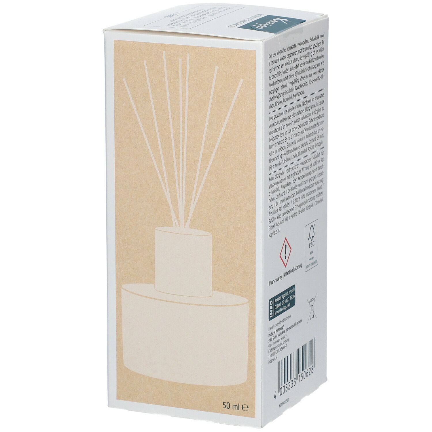 Zijaanzicht Kneipp geurverpakking. Afbeelding van een diffuser. 50 ml indicatie. Waarschuwingen.