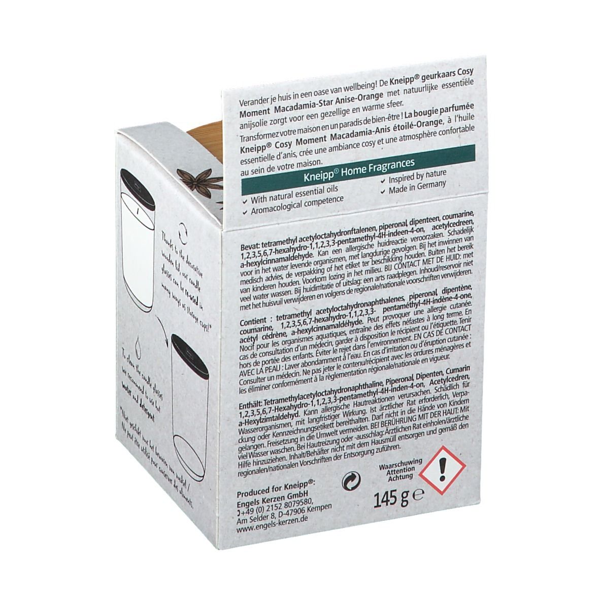 Emballage en carton, dos. Extraits de texte en plusieurs langues. Avertissement. Poids : 145 g.