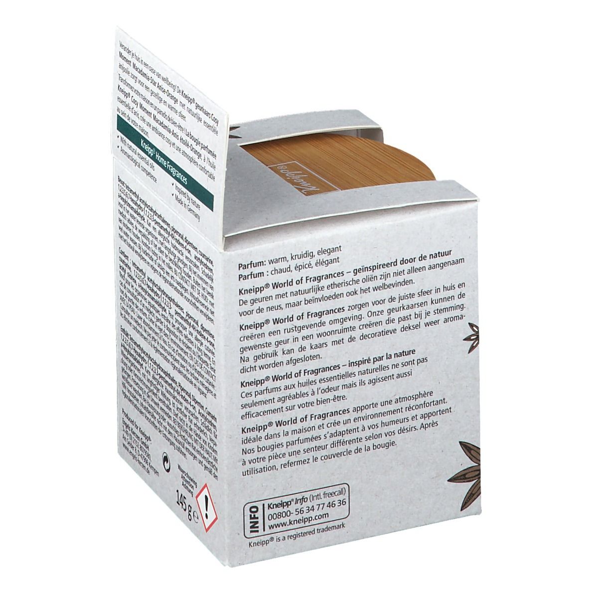 Emballage en carton, dos, ouvert. Extraits de texte en plusieurs langues. Poids : 145 g.