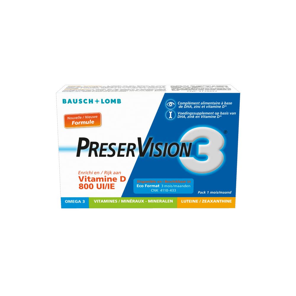 Wit en blauw doosje "PreserVision 3". Bevat vitamine D3. Merk: Bausch + Lomb. Tekst in het Duits, Frans en Nederlands.
