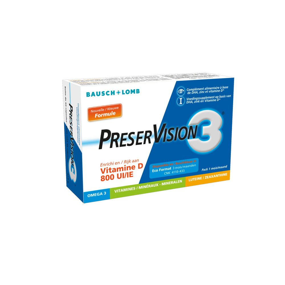 Doosje "PreserVision 3" met vitamine D3. Merk: Bausch + Lomb. Blauwe en witte verpakking. Tekst in het Duits, Frans en Nederlands.