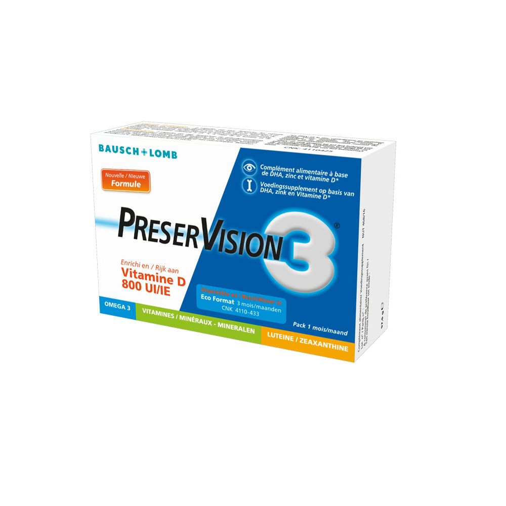 Verpakking "PreserVision 3" met vitamine D3. Merk: Bausch + Lomb. Blauwe en witte doos. Tekst in het Duits, Frans en Nederlands.