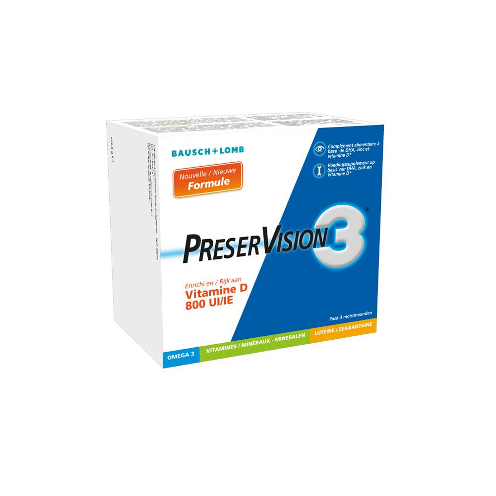 Boîte Bausch + Lomb PreserVision 3 + Vitamine D3. Coin bleu. Contient vitamine D. Emballage pour 3 mois.