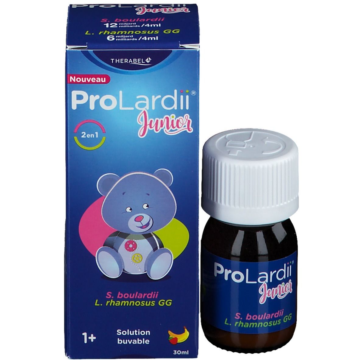 Emballage du produit avec flacon et boîte. La boîte indique "ProLardii Junior" et un motif d'ours en peluche.
