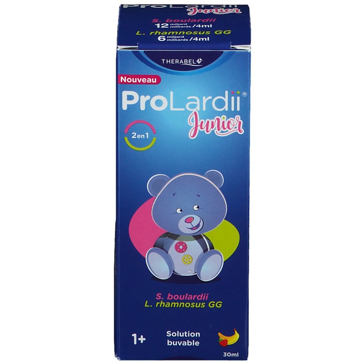 Emballage du produit avec flacon et boîte. La boîte indique "ProLardii Junior" et un motif d'ours en peluche.