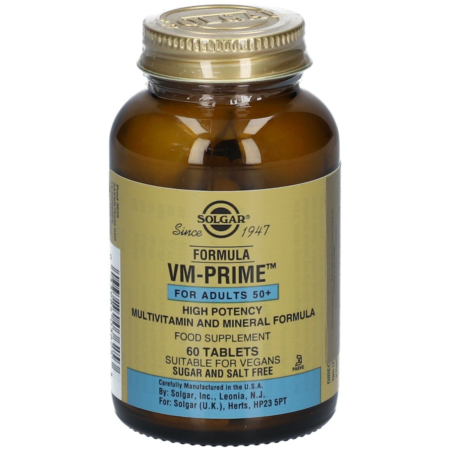 Flacon en verre brun Solgar VM-Prime Multivitamine pour Seniors. Étiquette avec informations produit et 60 comprimés.