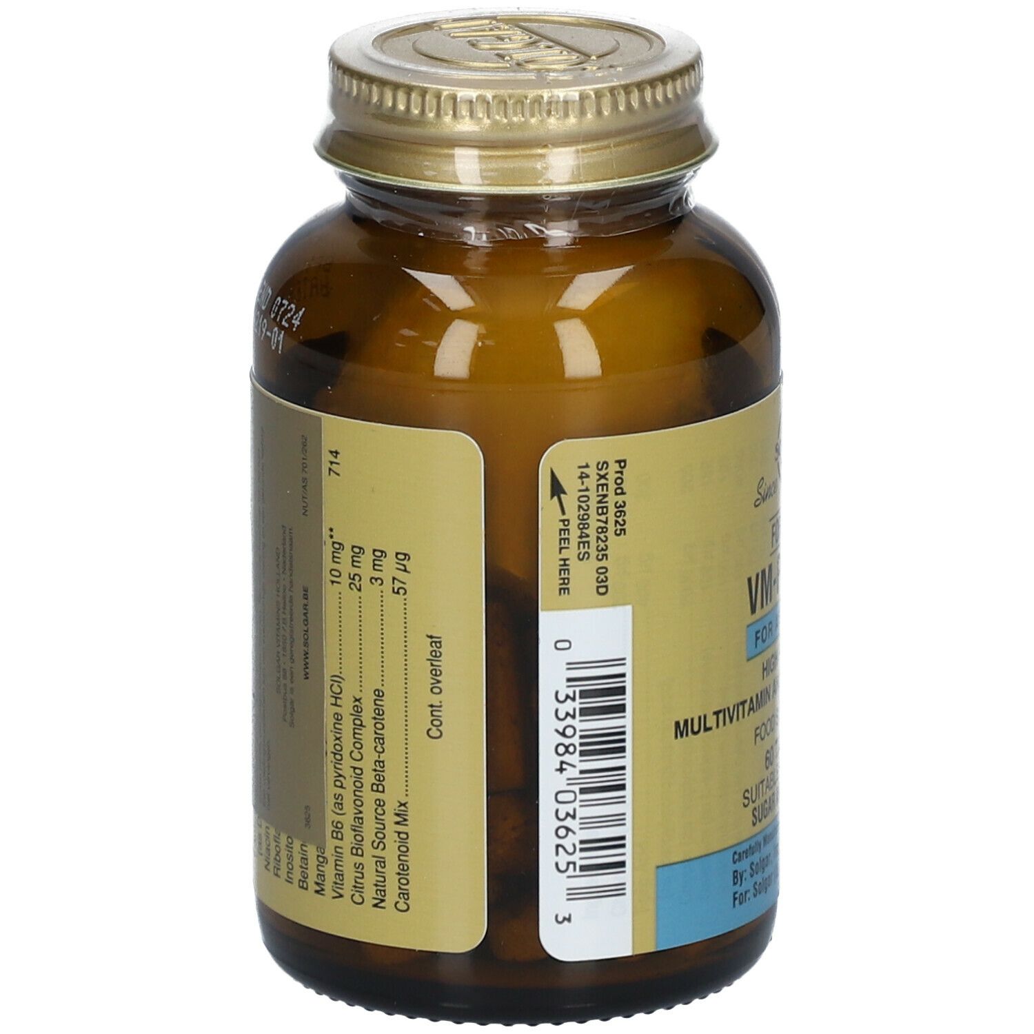 Dos du flacon Solgar VM-Prime. Étiquette avec informations nutritionnelles et code-barres. Contient vitamine B6 et mélange caroténoïde.