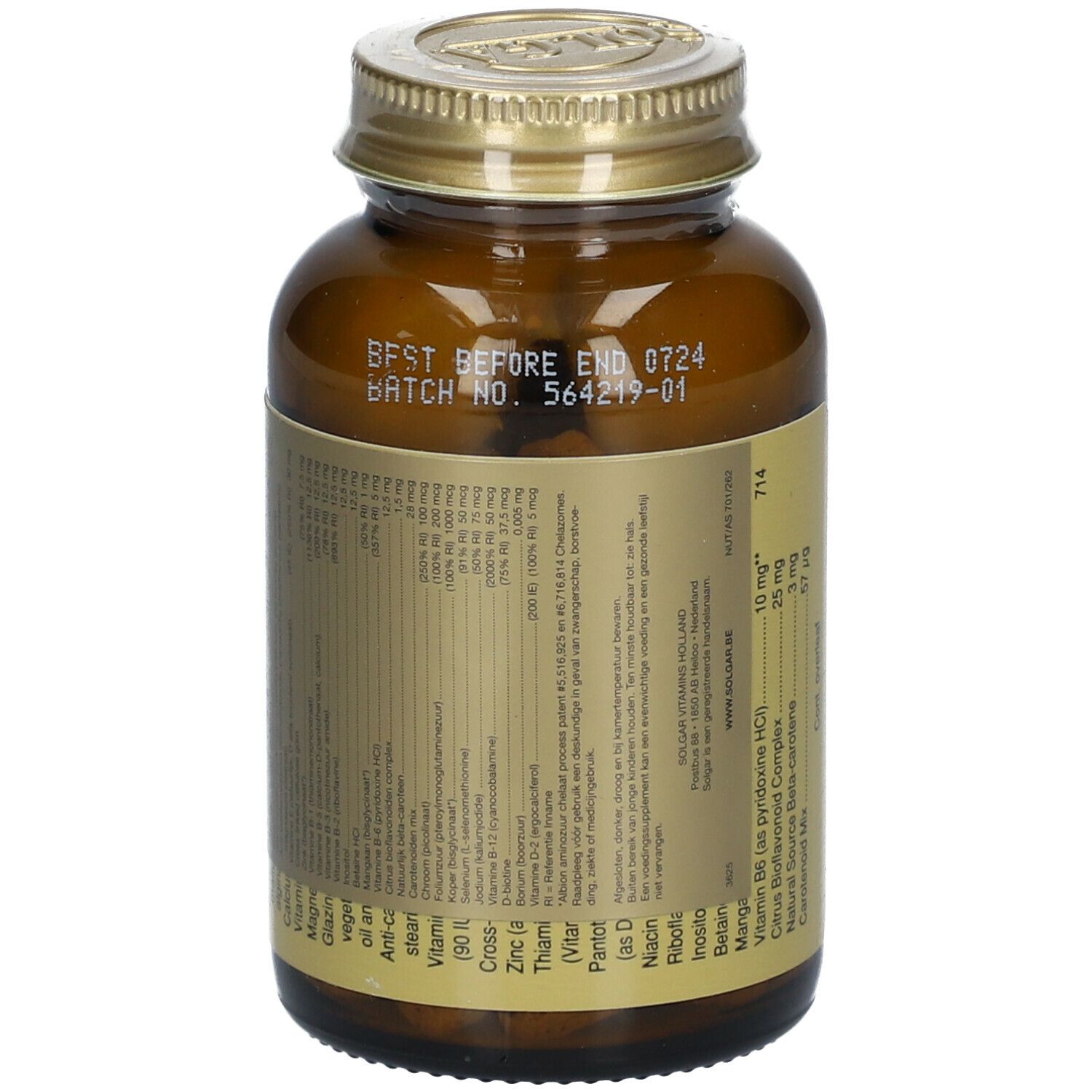 Dos du flacon Solgar VM-Prime. Étiquette avec ingrédients et date de péremption. Contient vitamines et minéraux.