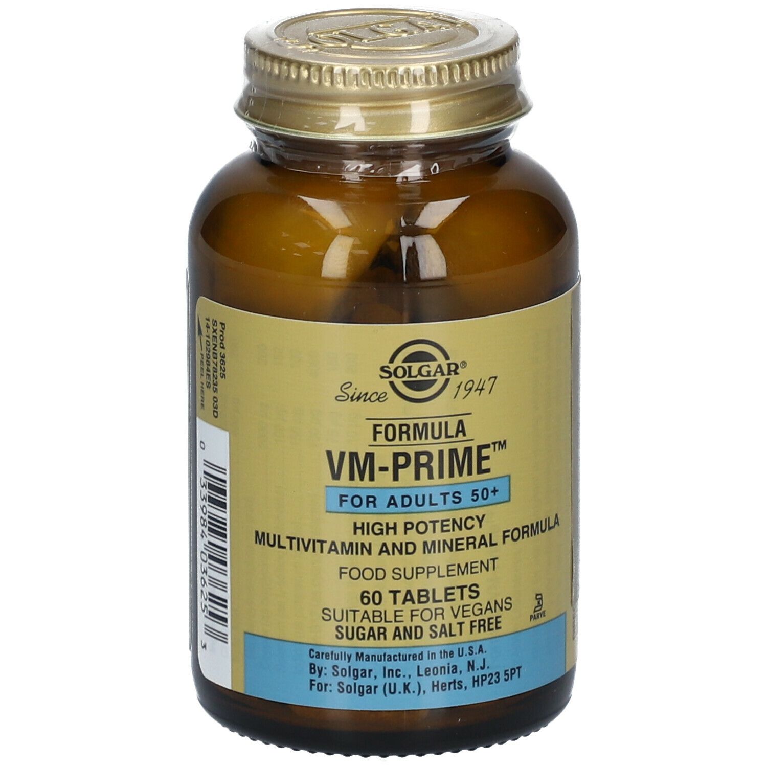 Flacon en verre brun Solgar VM-Prime Multivitamine pour Seniors. Étiquette avec nom, ingrédients et 60 comprimés.