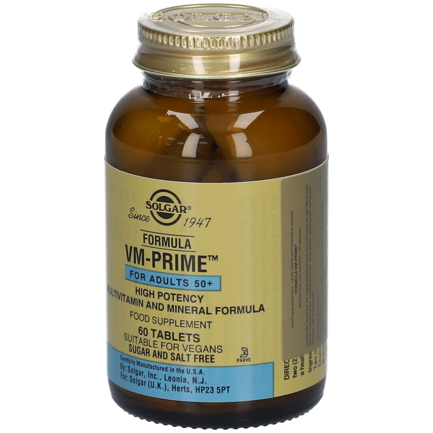 Flacon en verre brun Solgar VM-Prime Multivitamine pour Seniors. Étiquette avec informations et 60 comprimés. Vegan.