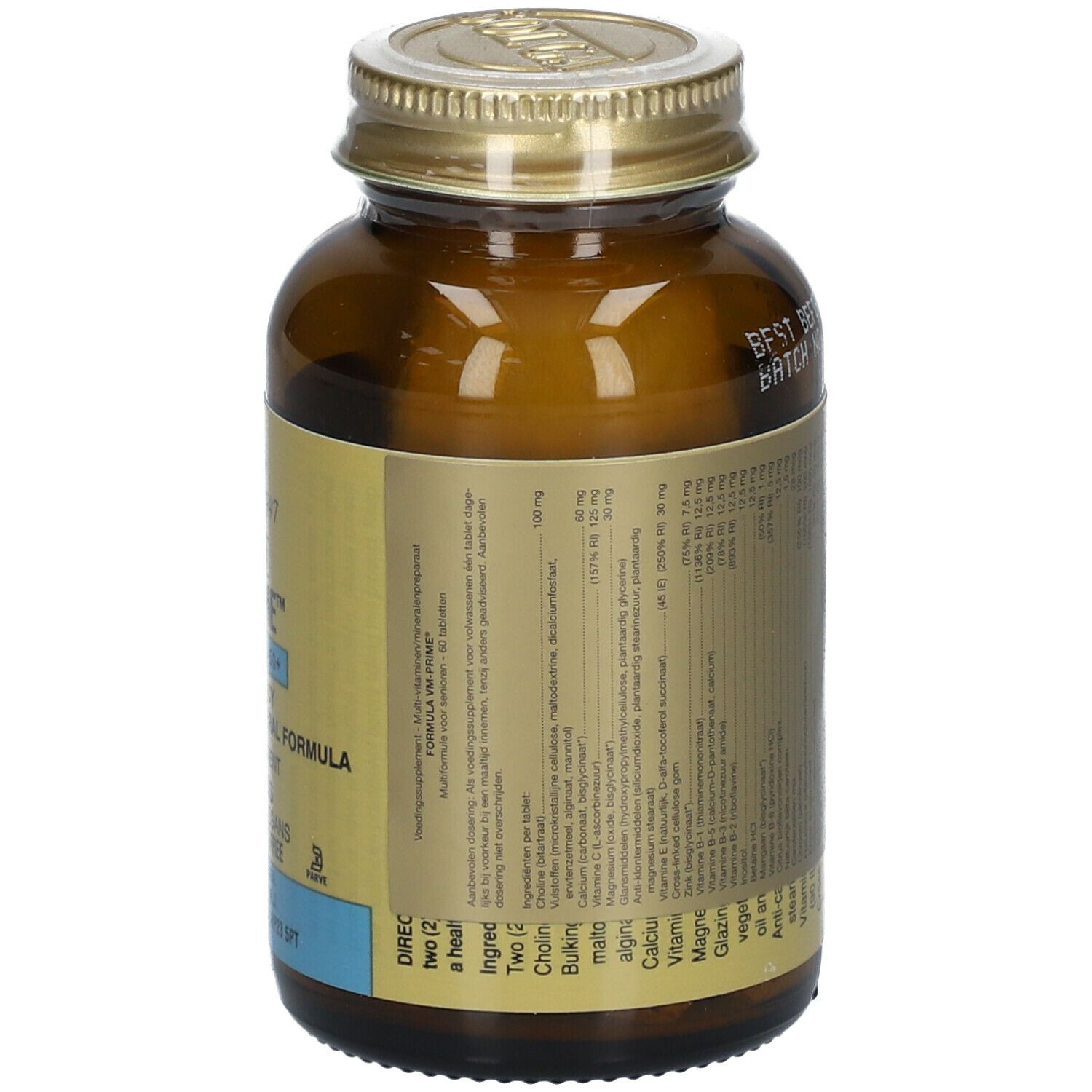 Dos du flacon Solgar VM-Prime. Étiquette avec ingrédients, vitamines et minéraux. Vegan.