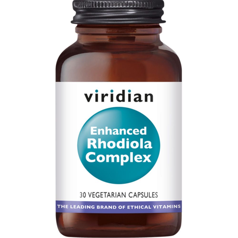 Bruine glazen fles met wit etiket. Opschrift: Viridian Enhanced Rhodiola Complex. 30 vegetarische capsules.