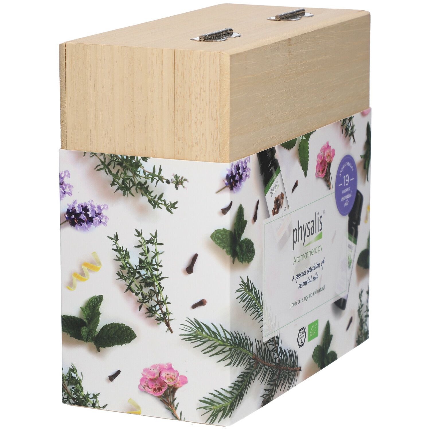 Houten kist met aromatherapie set. Zijkant met plantmotieven en productinformatie. Label met "physalis" en "Aromatherapy".