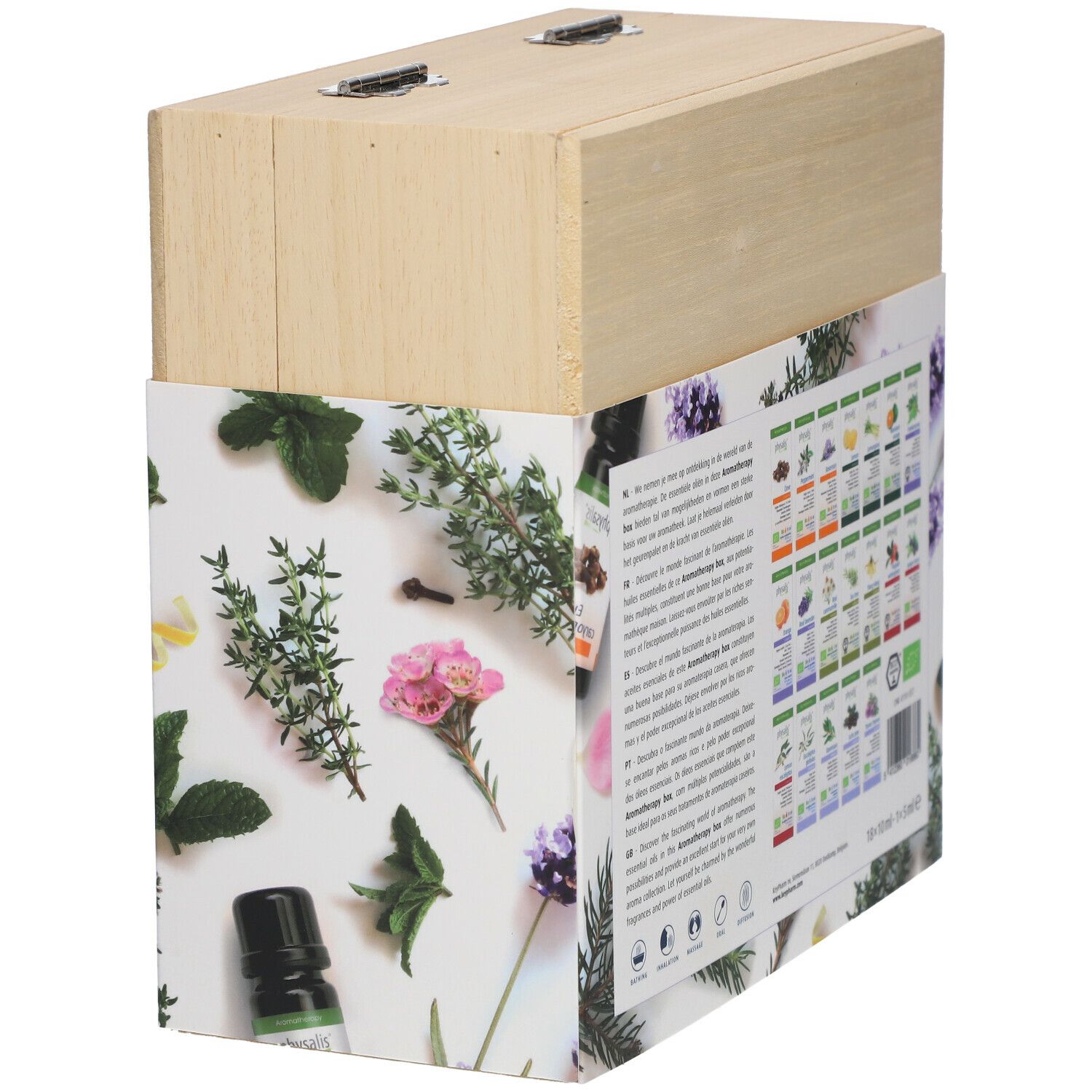 Houten kist met aromatherapie set. Zijkant met productinformatie en lijst van essentiële oliën. Label met certificeringen.