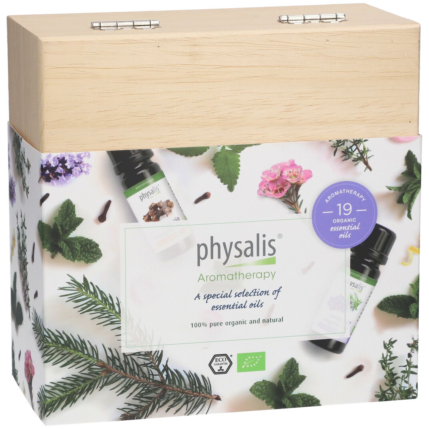 Houten kist met aromatherapie set. Zijkant met plantmotieven en productinformatie. Label met "physalis" en "Aromatherapy".