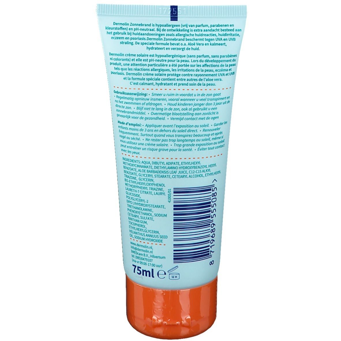 Rückseite der Dermolin Sonnencreme-Tube. Text in mehreren Sprachen. Orangefarbener Verschluss. 75ml-Angabe.