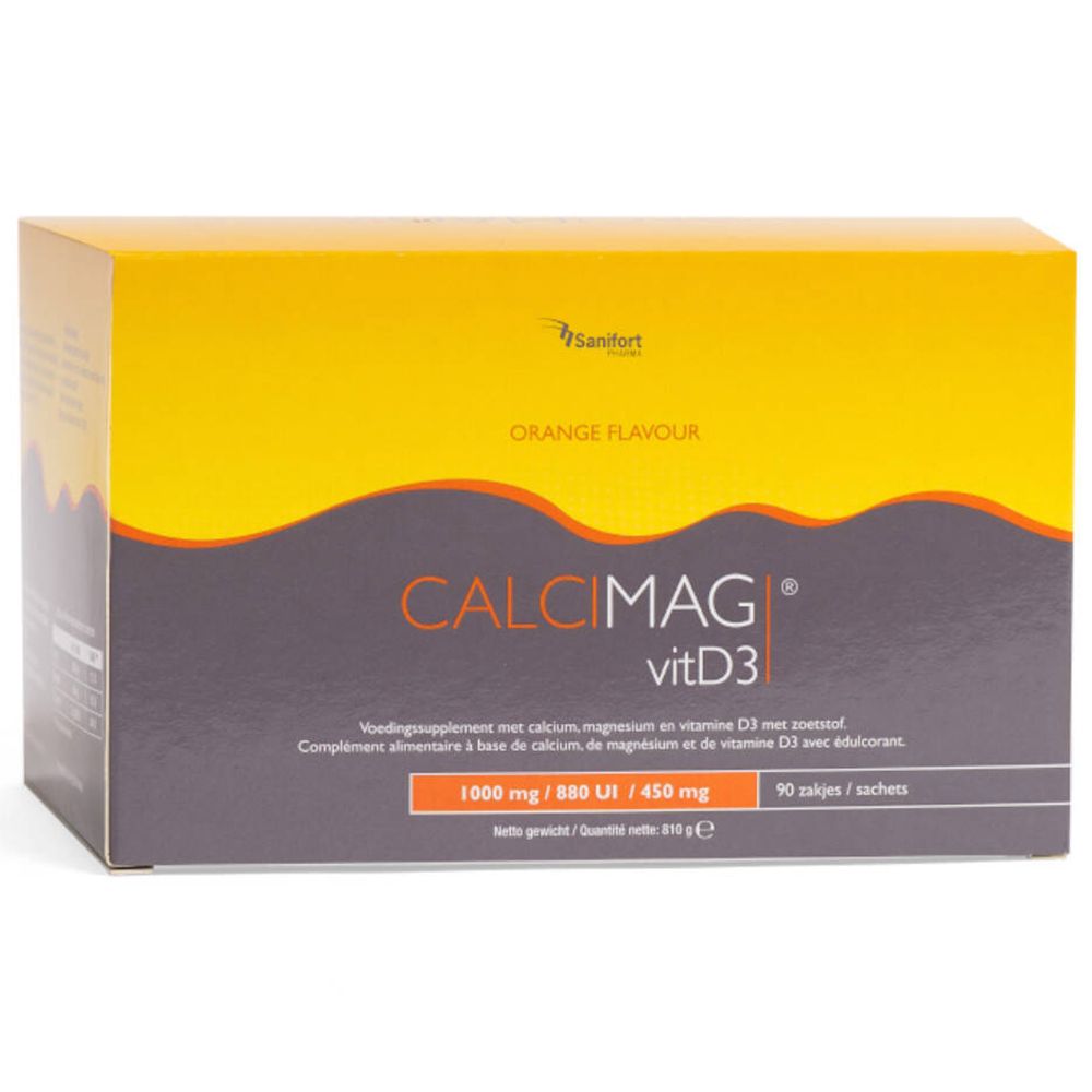 Verpakking van Calcimag vitD3. Oranje achtergrond met productnaam en info. 90 zakjes.