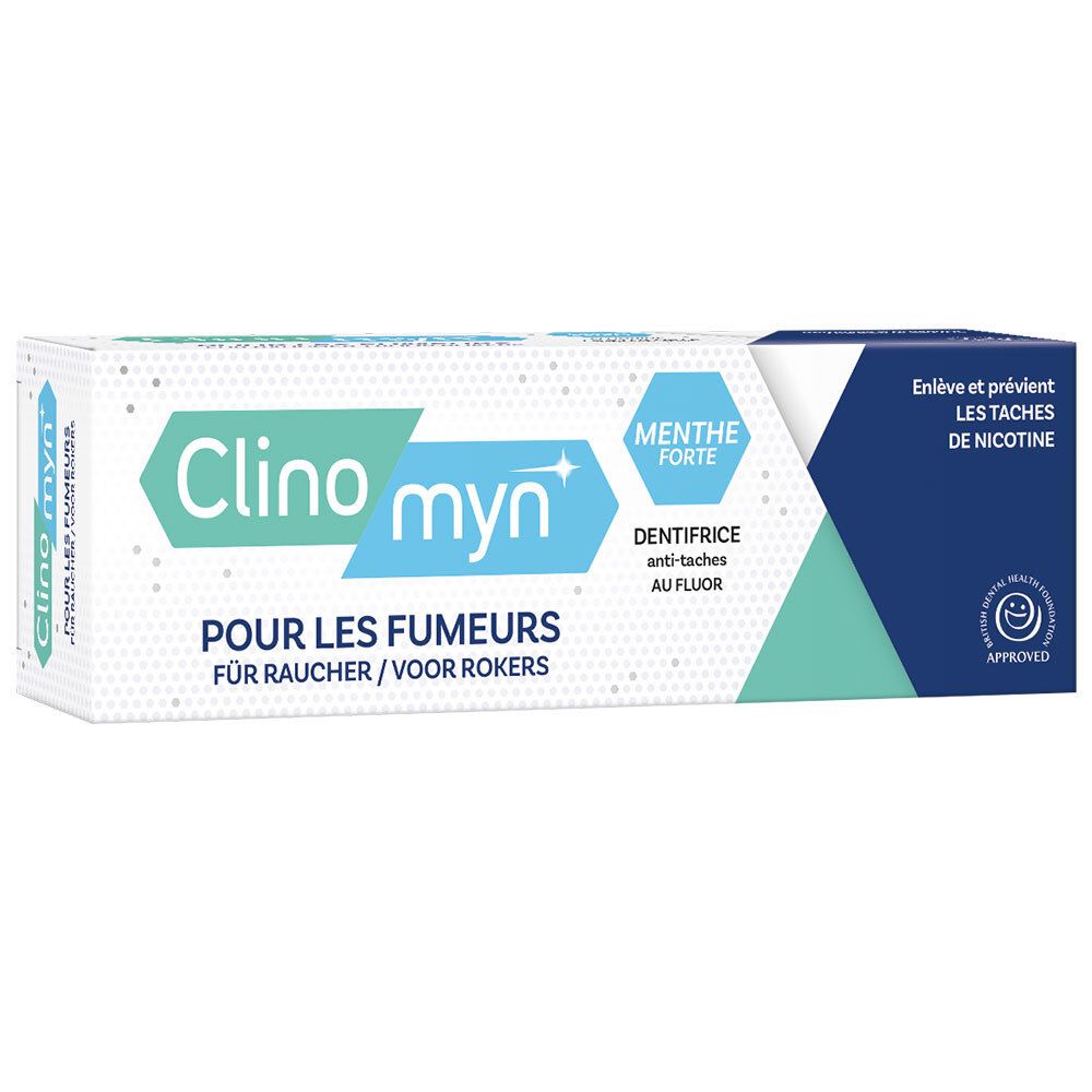Tandpastadoos Clinomyn voor rokers. Bevat Menthe Forte en fluoride. Tekst: Verwijdert en voorkomt nicotinevlekken. Met zegel.