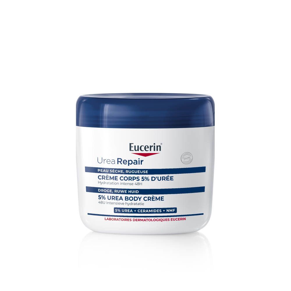 Witte pot met blauwe deksel. Opschrift: Eucerin UreaRepair Crème Corps 5% d'Urée.
