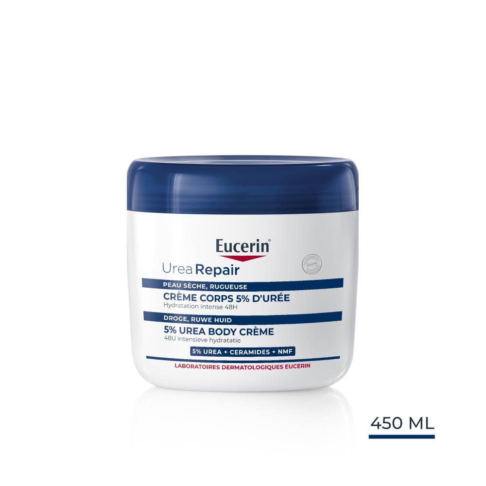 Witte pot met blauwe deksel. Opschrift: Eucerin UreaRepair Crème Corps 5% d'Urée. 450 ml.