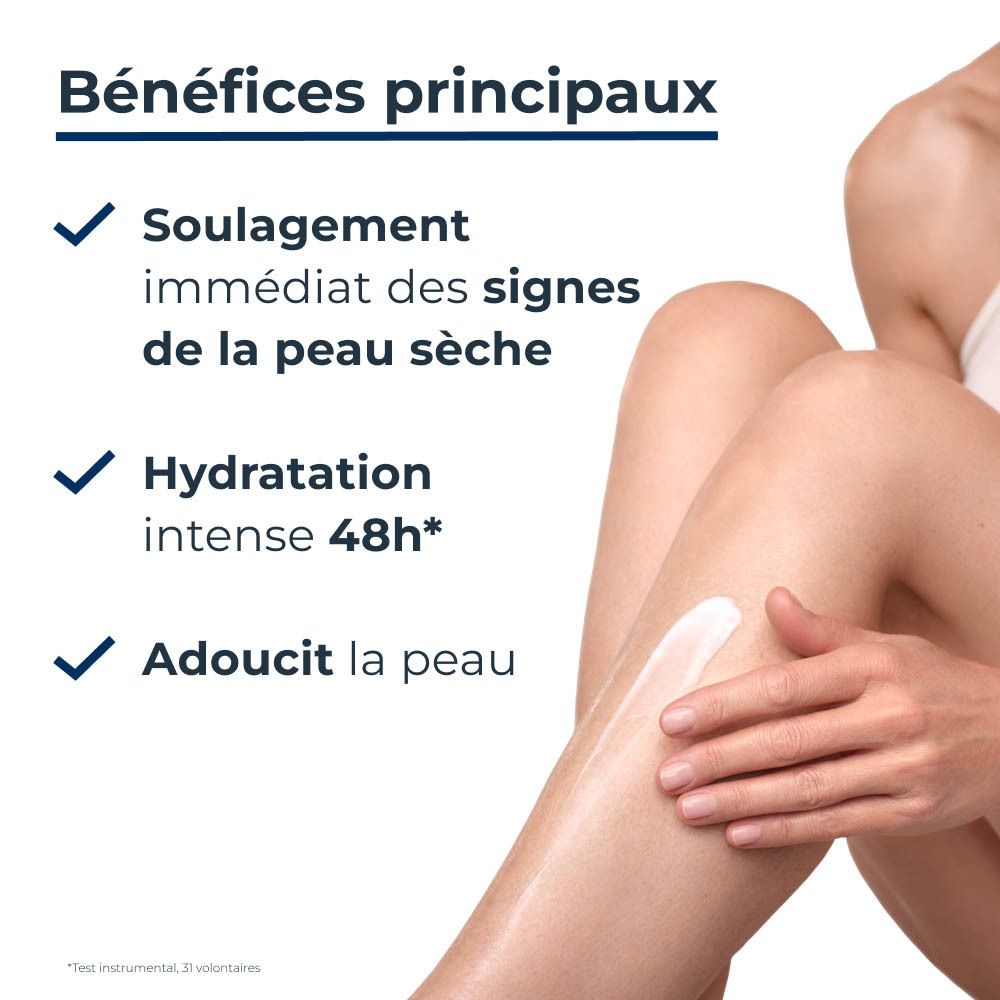 Jambes avec crème. Texte: Soulagement immédiat, hydratation 48h, adoucit la peau.