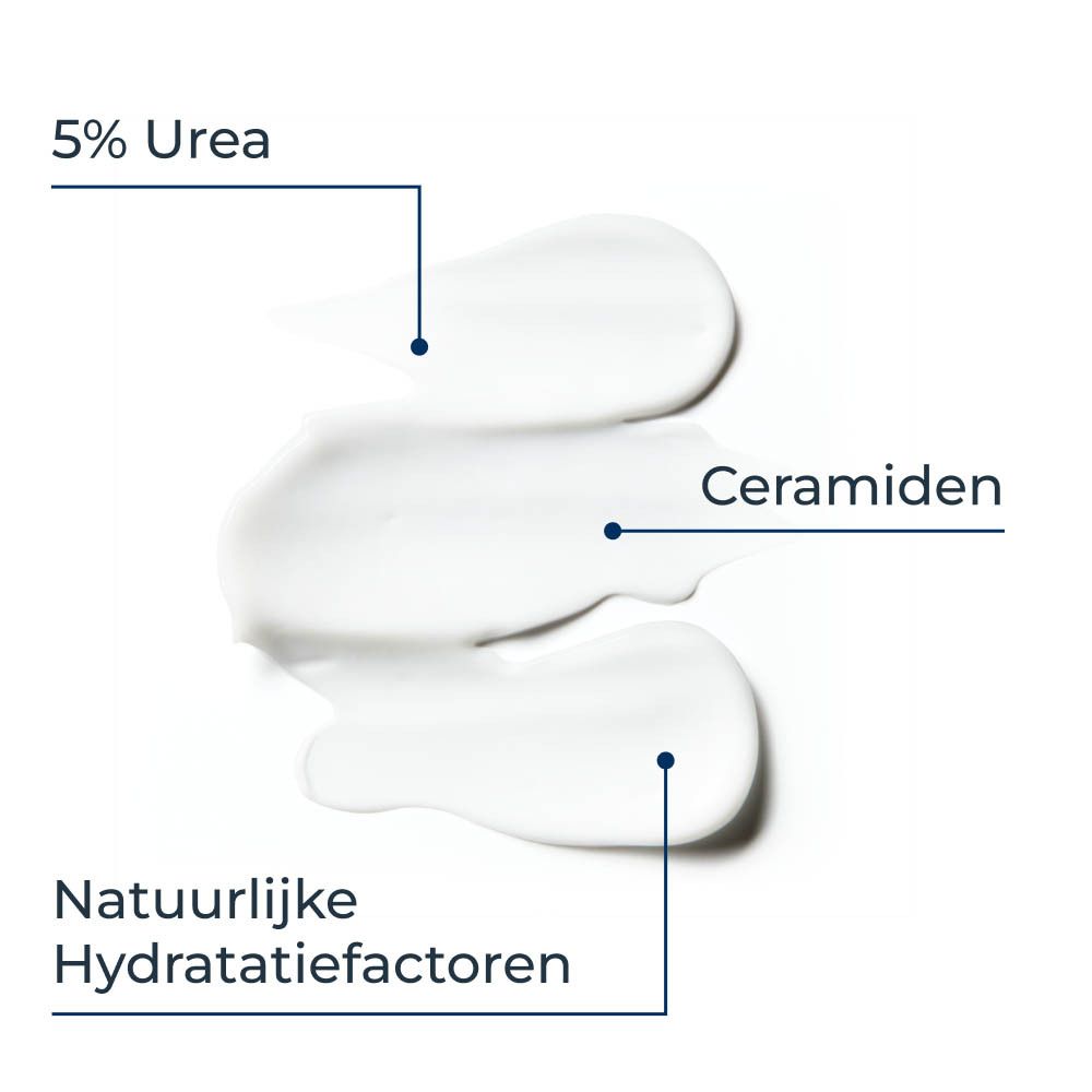 Drie crème streken. Tekst: 5% Urea, Ceramiden, Natuurlijke Hydratatiefactoren.