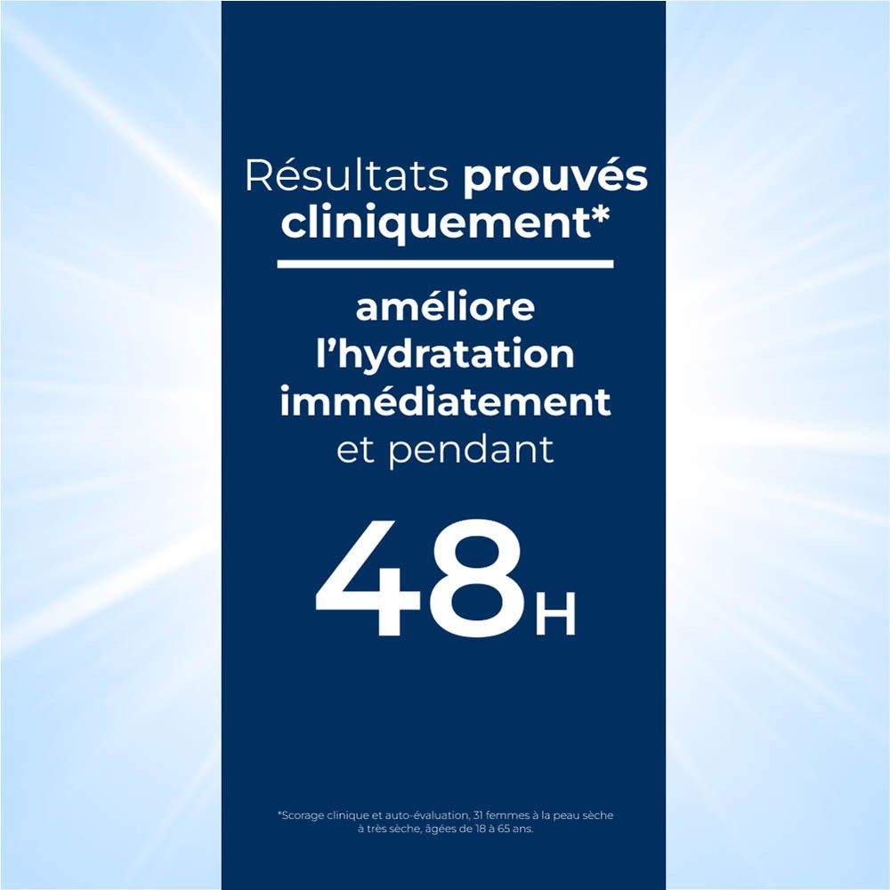 Texte: Résultats prouvés cliniquement, améliore l'hydratation immédiatement et pendant 48h.
