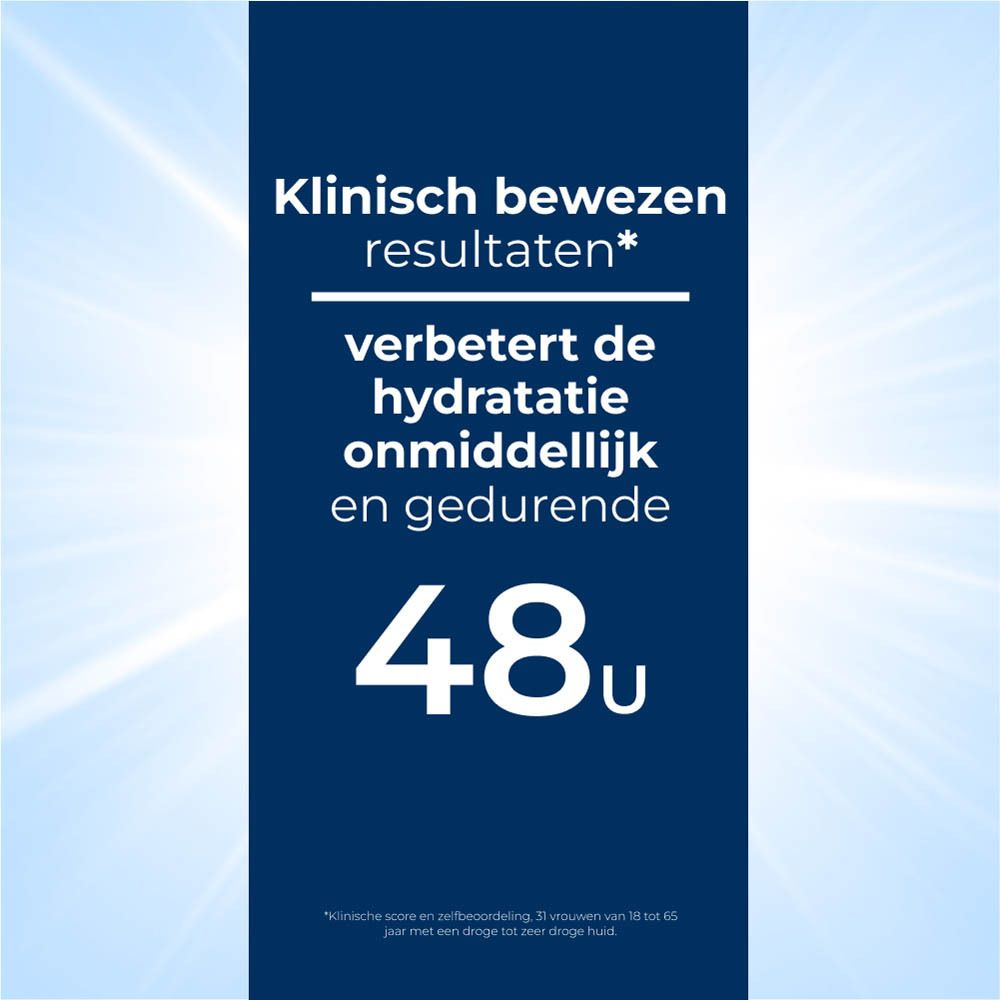 Tekst: Klinisch bewezen resultaten, verbetert de hydratatie onmiddellijk en gedurende 48u.