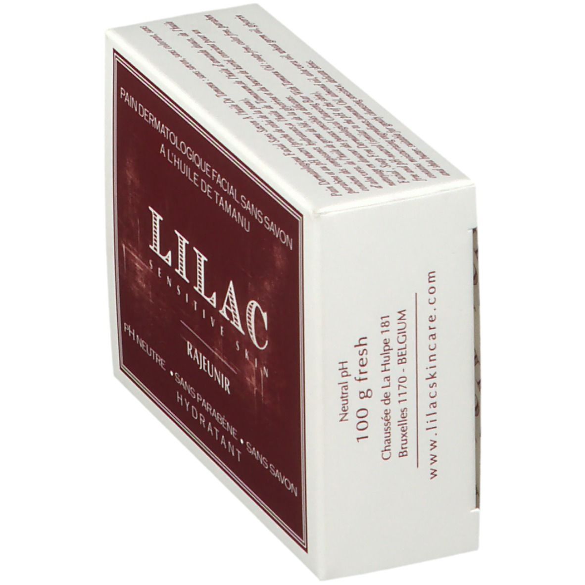 Vue oblique de l'emballage du savon LILAC REJUVENATE. Inscription : 100 g fresh. Adresse : www.lilacskincare.com.