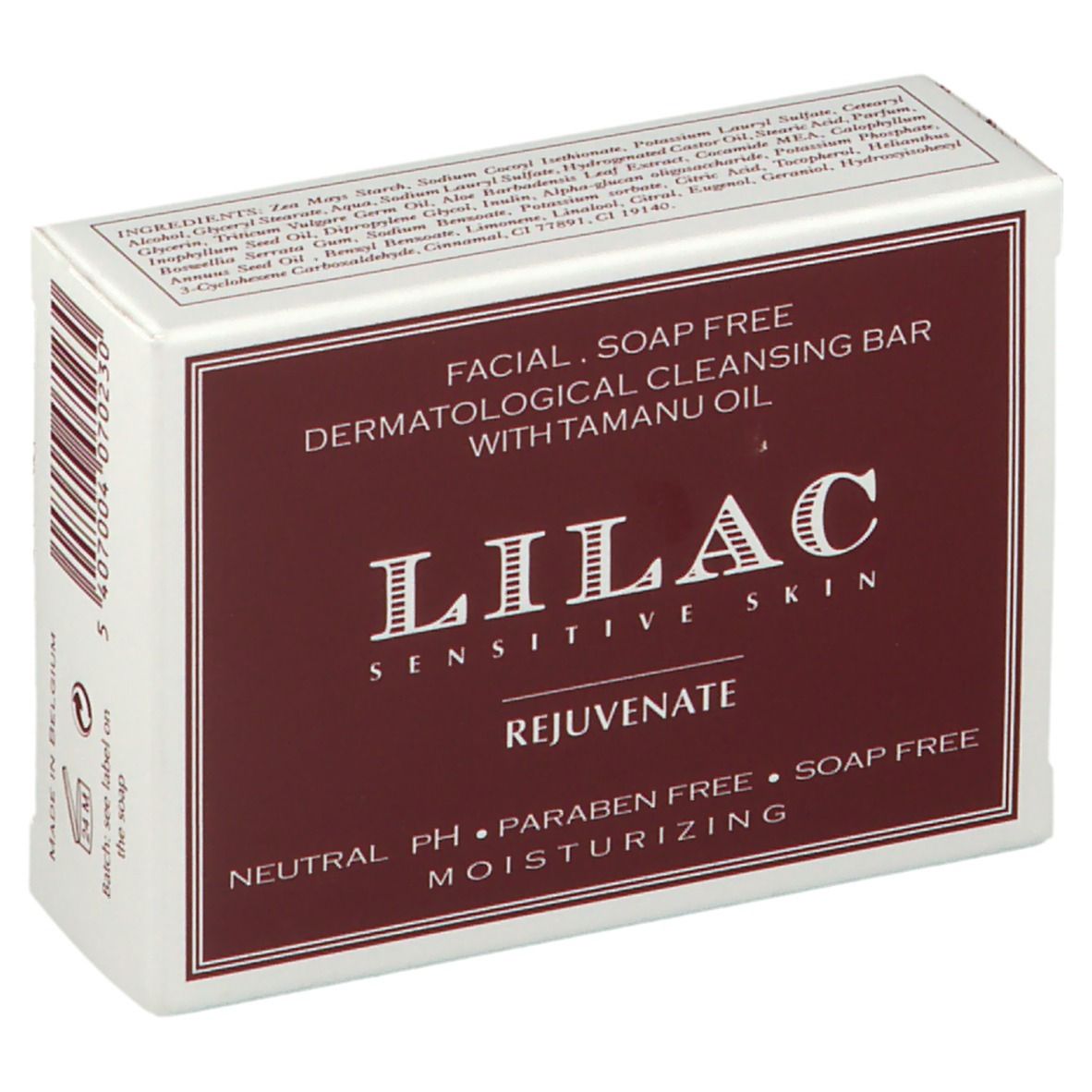 Emballage de savon LILAC REJUVENATE. Inscription : Facial. Soap free. Dermatological cleansing bar with Tamanu oil. Couleurs : blanc et bordeaux.