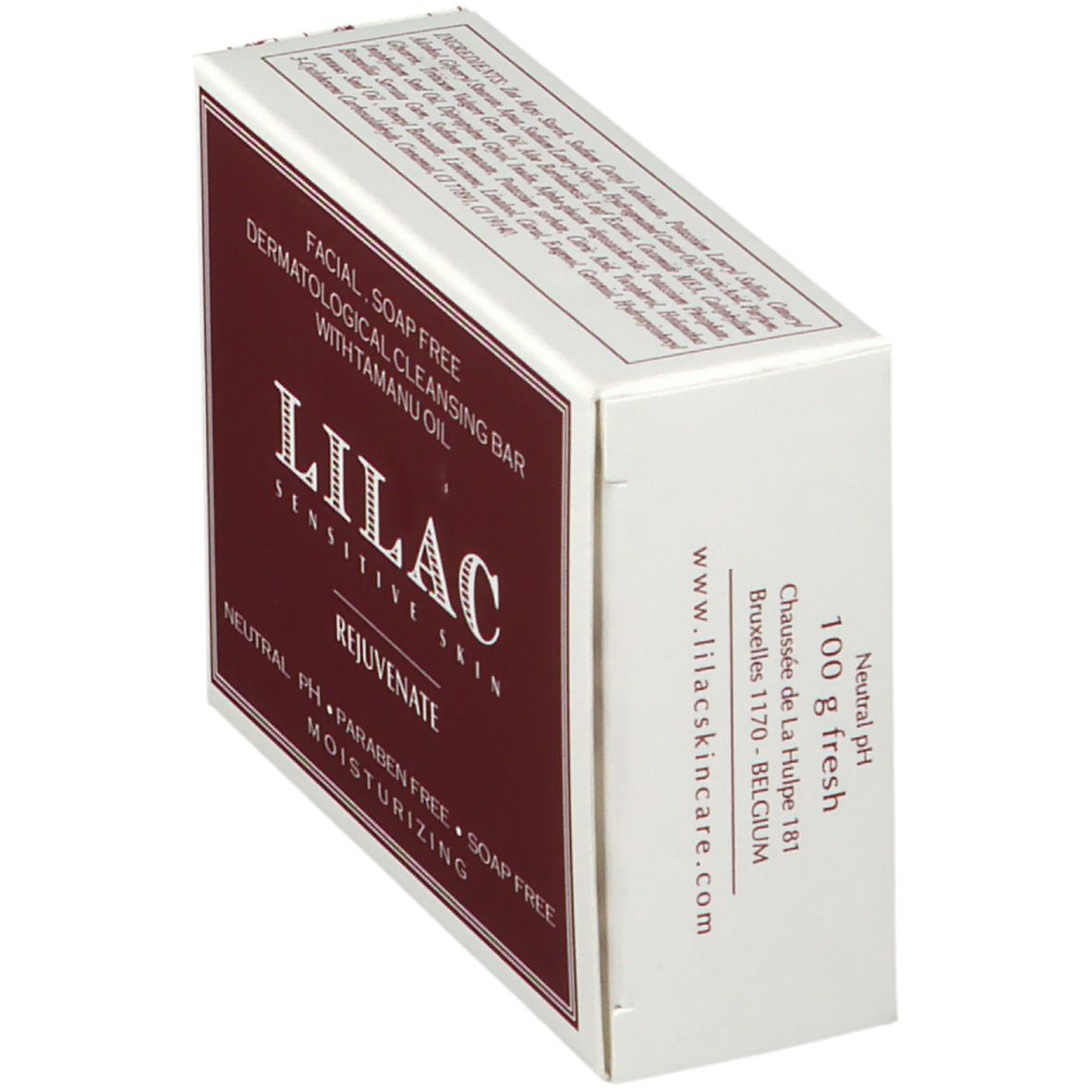 Vue oblique de l'emballage du savon LILAC REJUVENATE. Inscription : 100 g fresh. Adresse : www.lilacskincare.com.