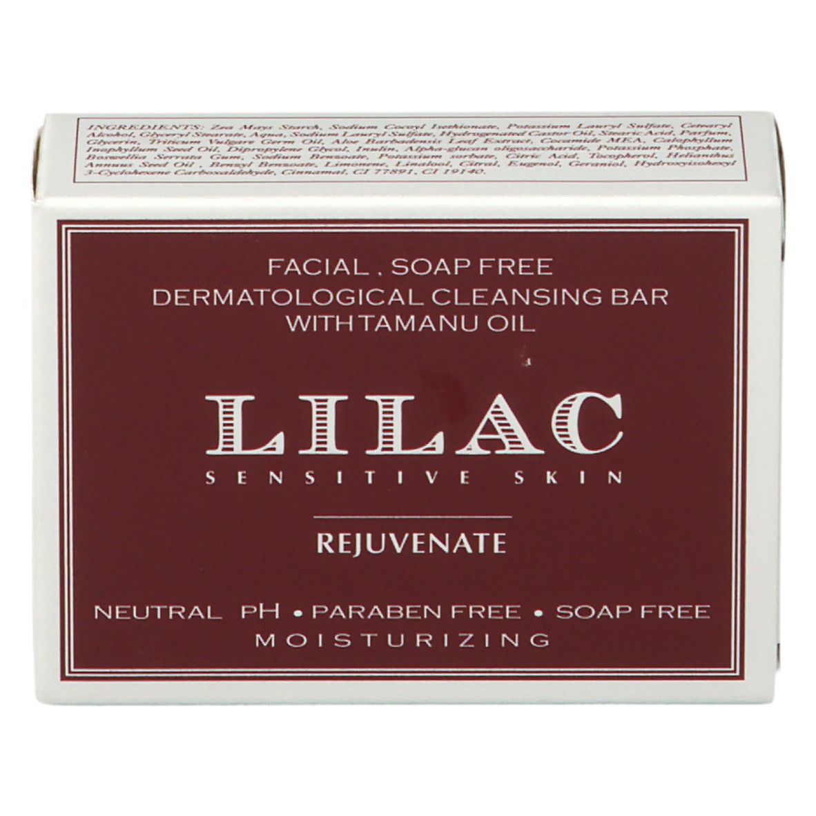 Emballage de savon LILAC REJUVENATE. Inscription : Facial. Soap free. Dermatological cleansing bar with Tamanu oil. Couleurs : blanc et bordeaux.