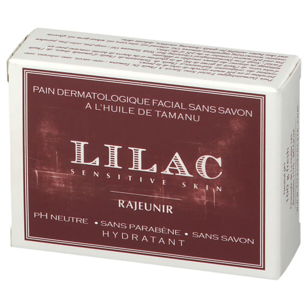 Boîte de savon LILAC REJUVENATE. Inscription : Pain dermatologique facial sans savon. Couleurs : blanc et bordeaux.