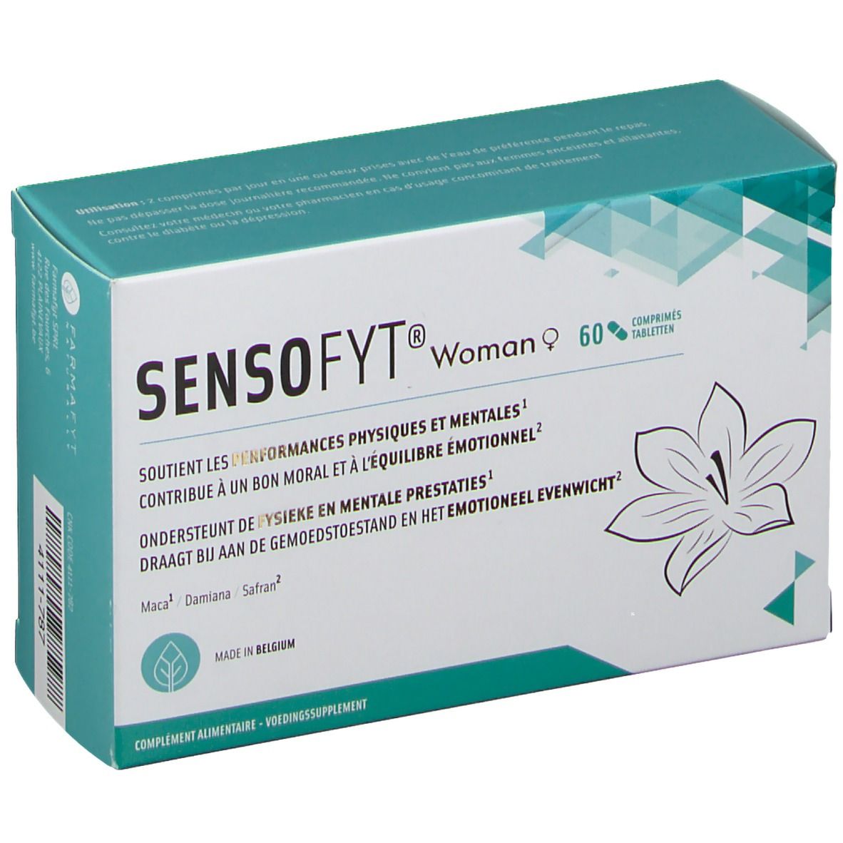 Boîte SENSOFYT® Woman avec 60 comprimés. Design vert et blanc, nom du produit et ingrédients.