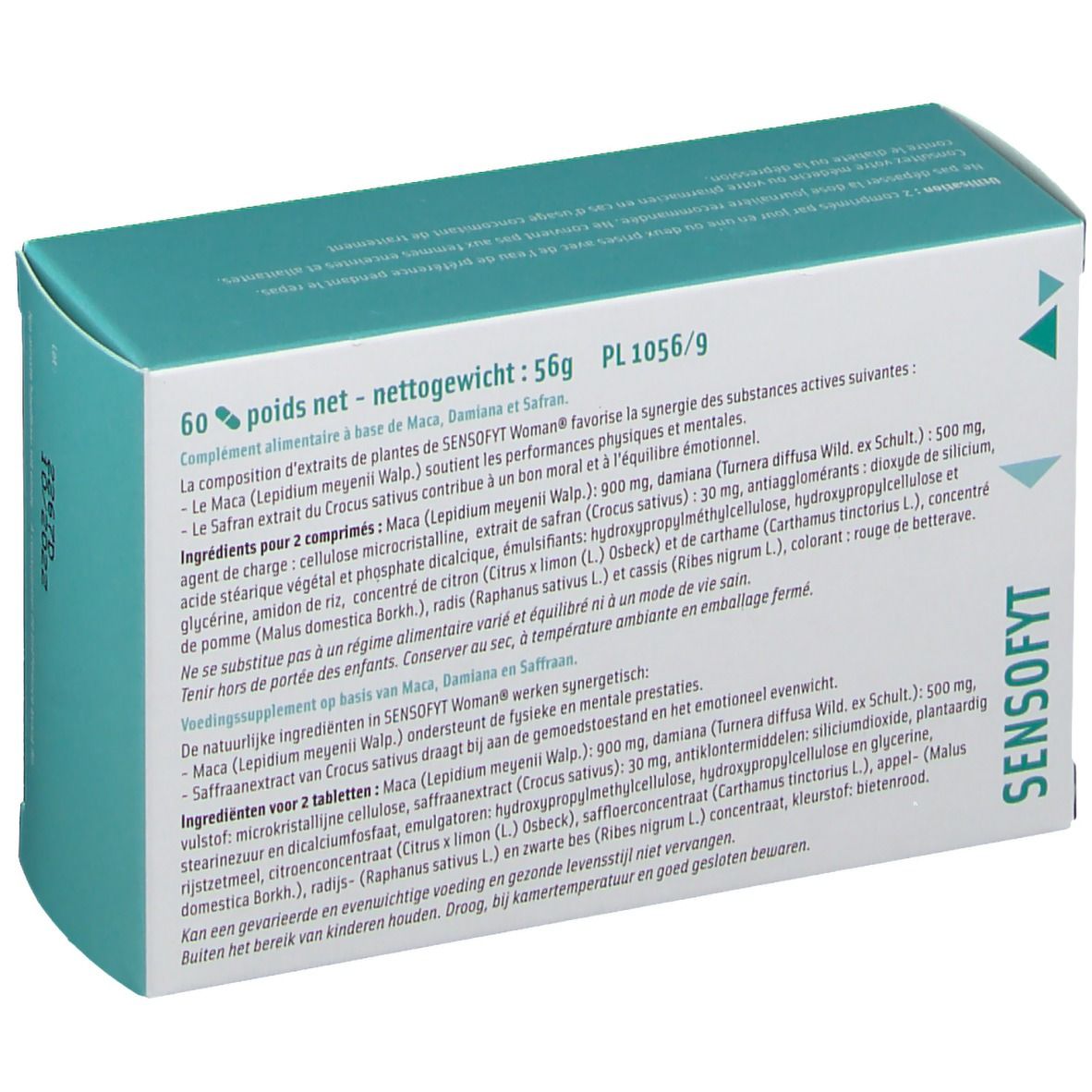 Dos de la boîte SENSOFYT® Woman. Contient des informations sur les ingrédients et les valeurs nutritionnelles.