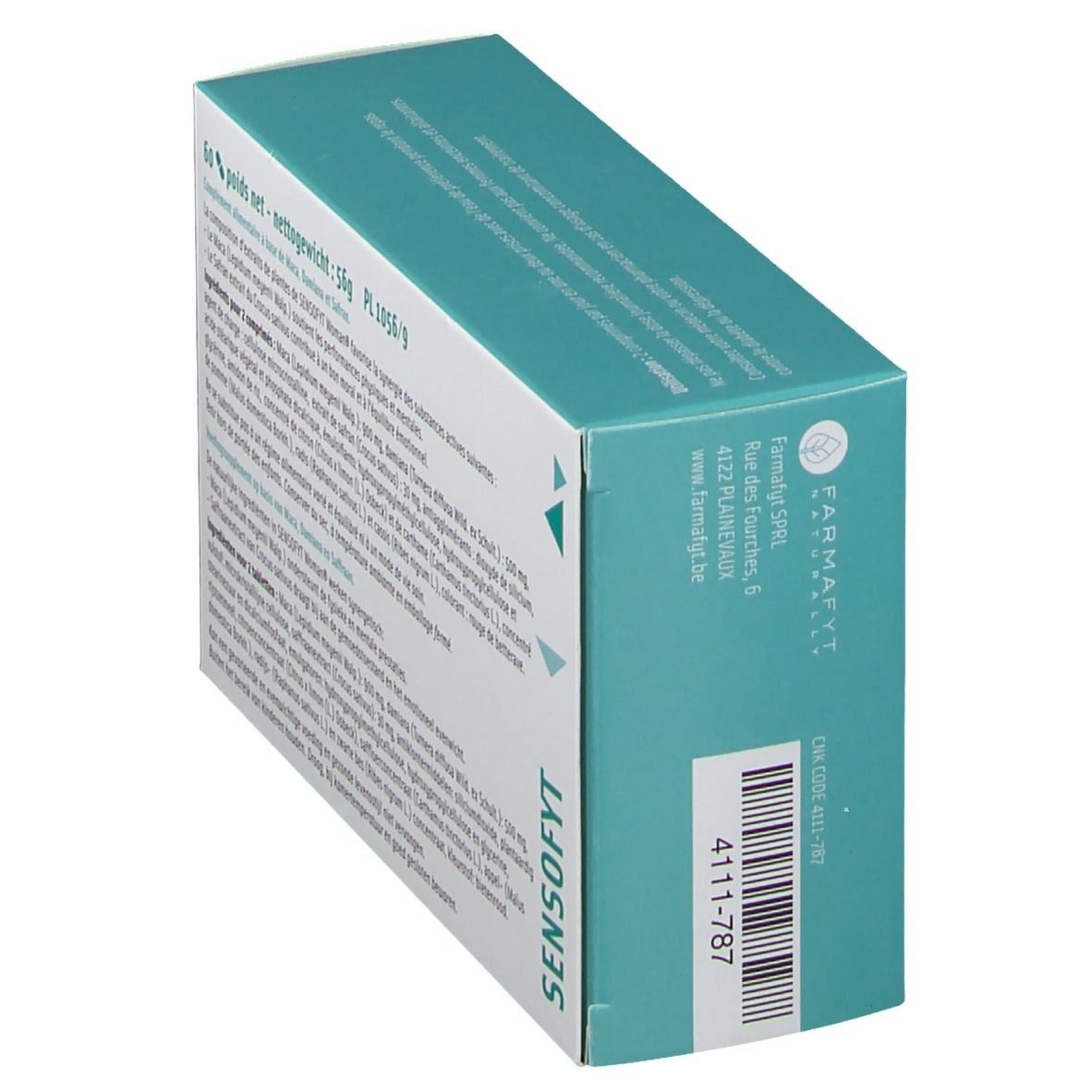 Boîte SENSOFYT® Woman, vue en biais. Contient un code-barres et l'adresse de l'entreprise.