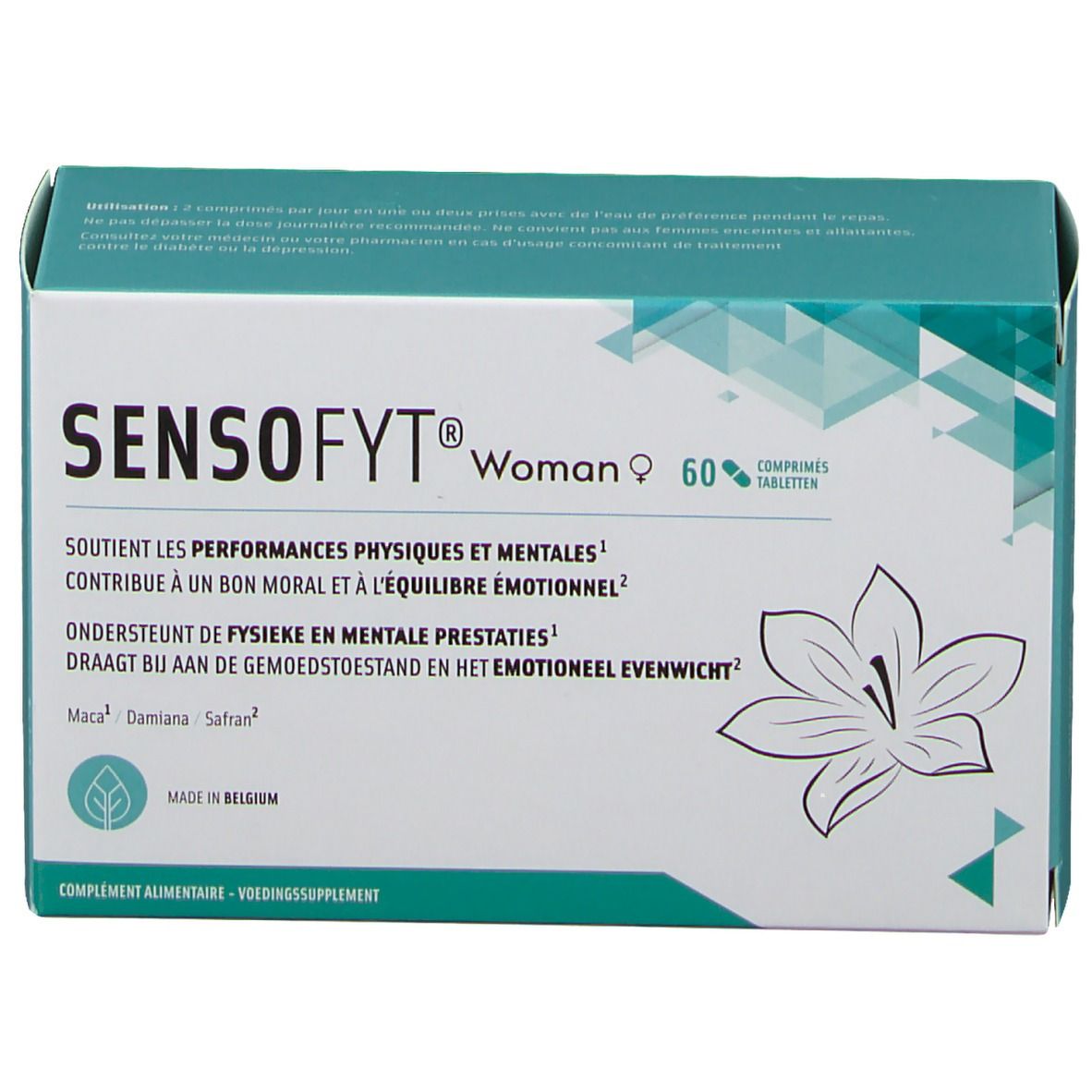 Boîte SENSOFYT® Woman avec 60 comprimés. Design vert et blanc, nom du produit et ingrédients.