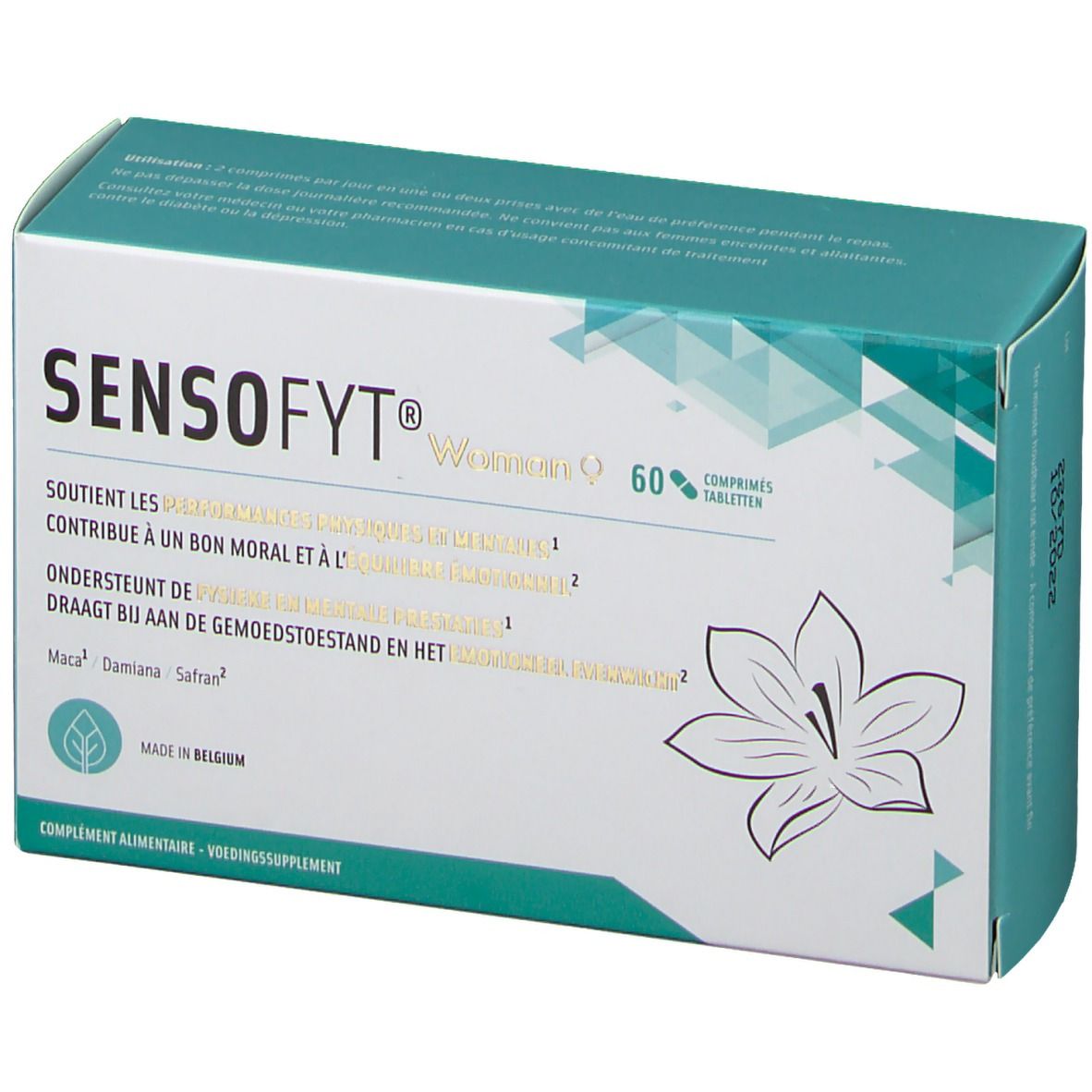 Boîte SENSOFYT® Woman avec 60 comprimés. Design vert et blanc, nom du produit et ingrédients.