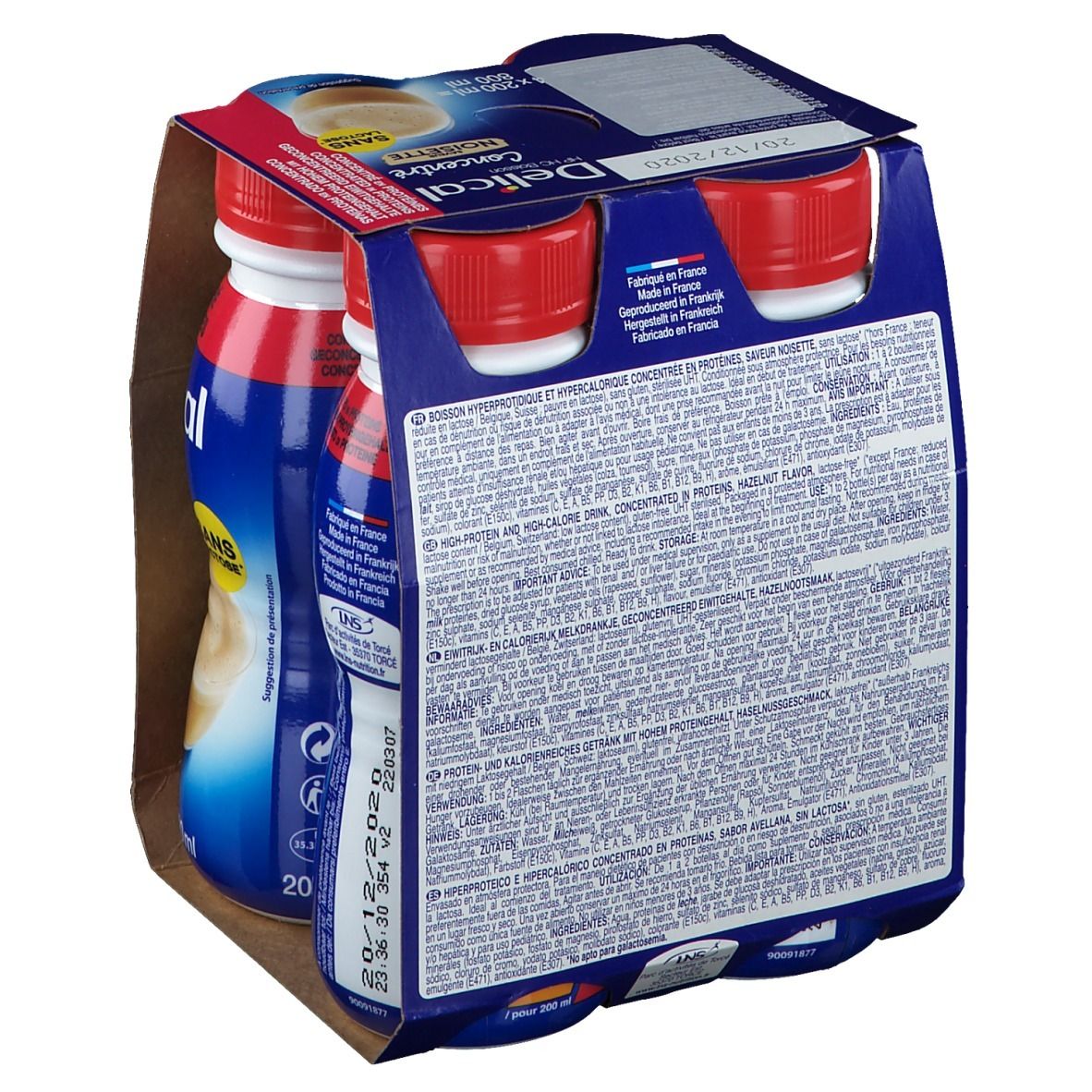 Emballage de quatre bouteilles Delical HP HC Boisson Concentré Noisette. Emballage bleu, bouchons rouges, texte : Sans Lactose, 29g protéines.
