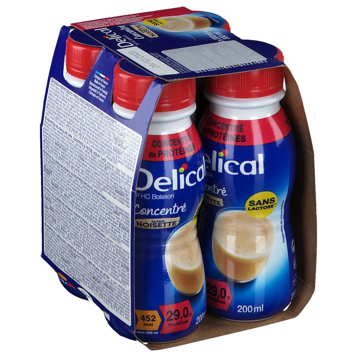 Emballage de quatre bouteilles Delical HP HC Boisson Concentré Noisette. Emballage bleu, bouchons rouges, texte : Sans Lactose, 29g protéines.