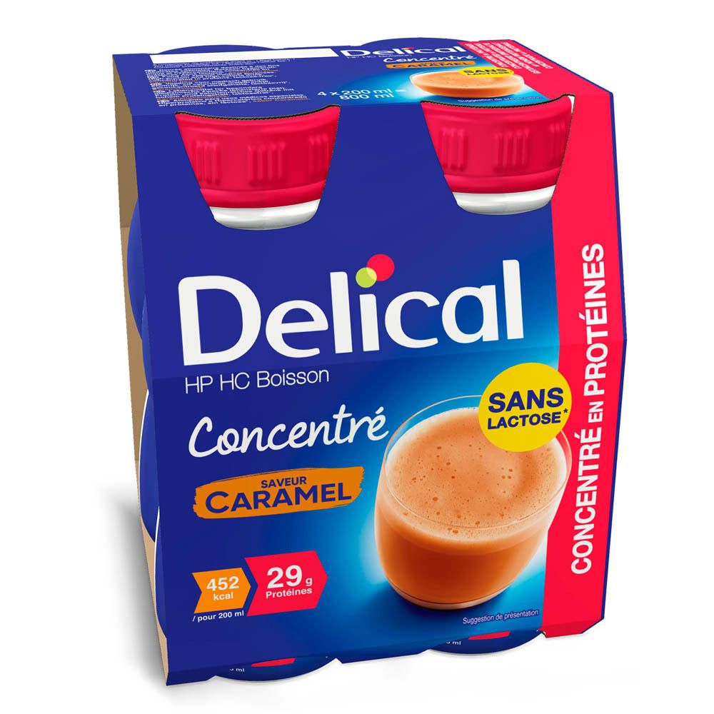 Emballage Delical HP HC Boisson Concentré Caramel. Inscription: Sans Lactose. 200 ml. Saveur: Caramel.
