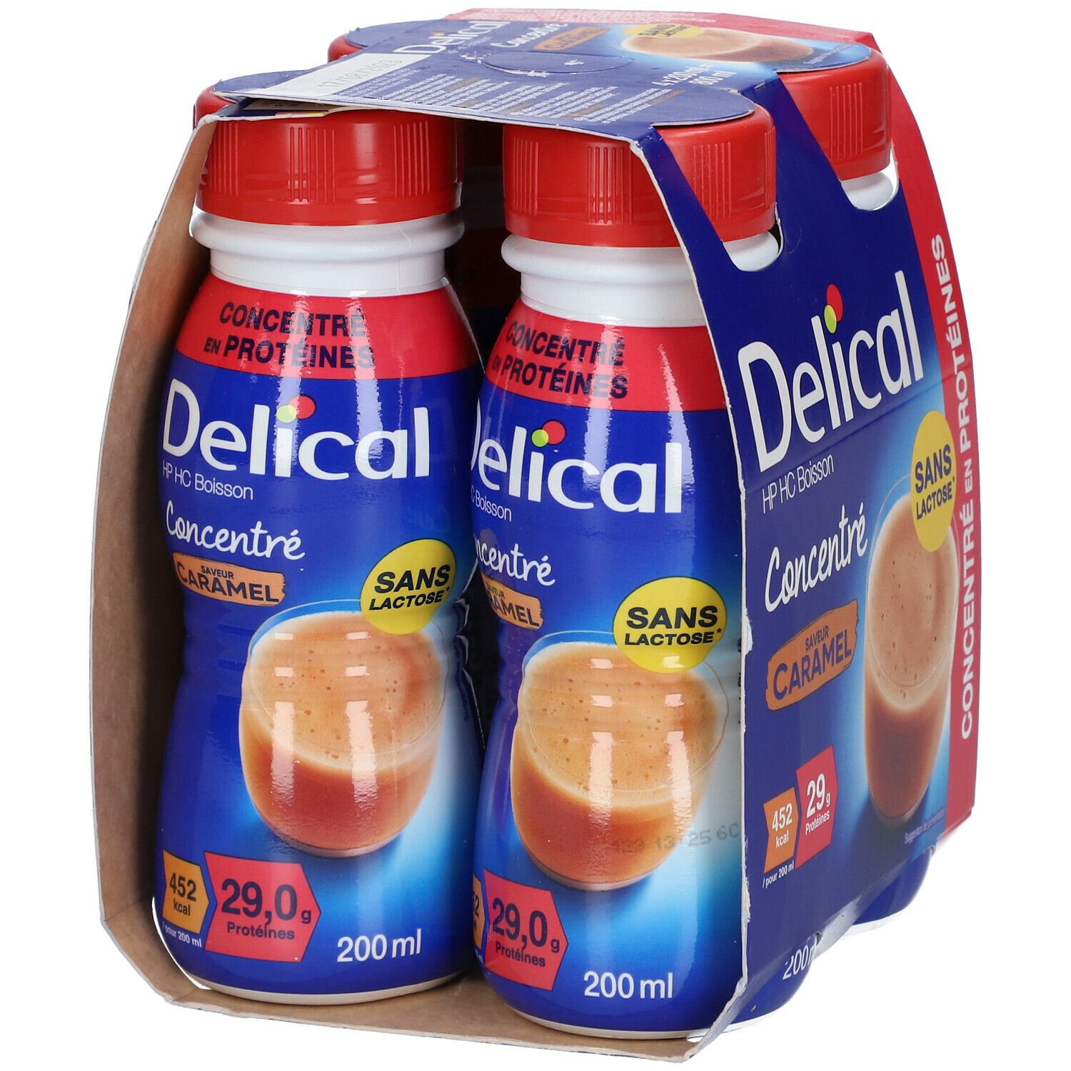 Deux bouteilles Delical HP HC Boisson Concentré Caramel dans un emballage carton. Inscription: Sans Lactose. Bouchons rouges.
