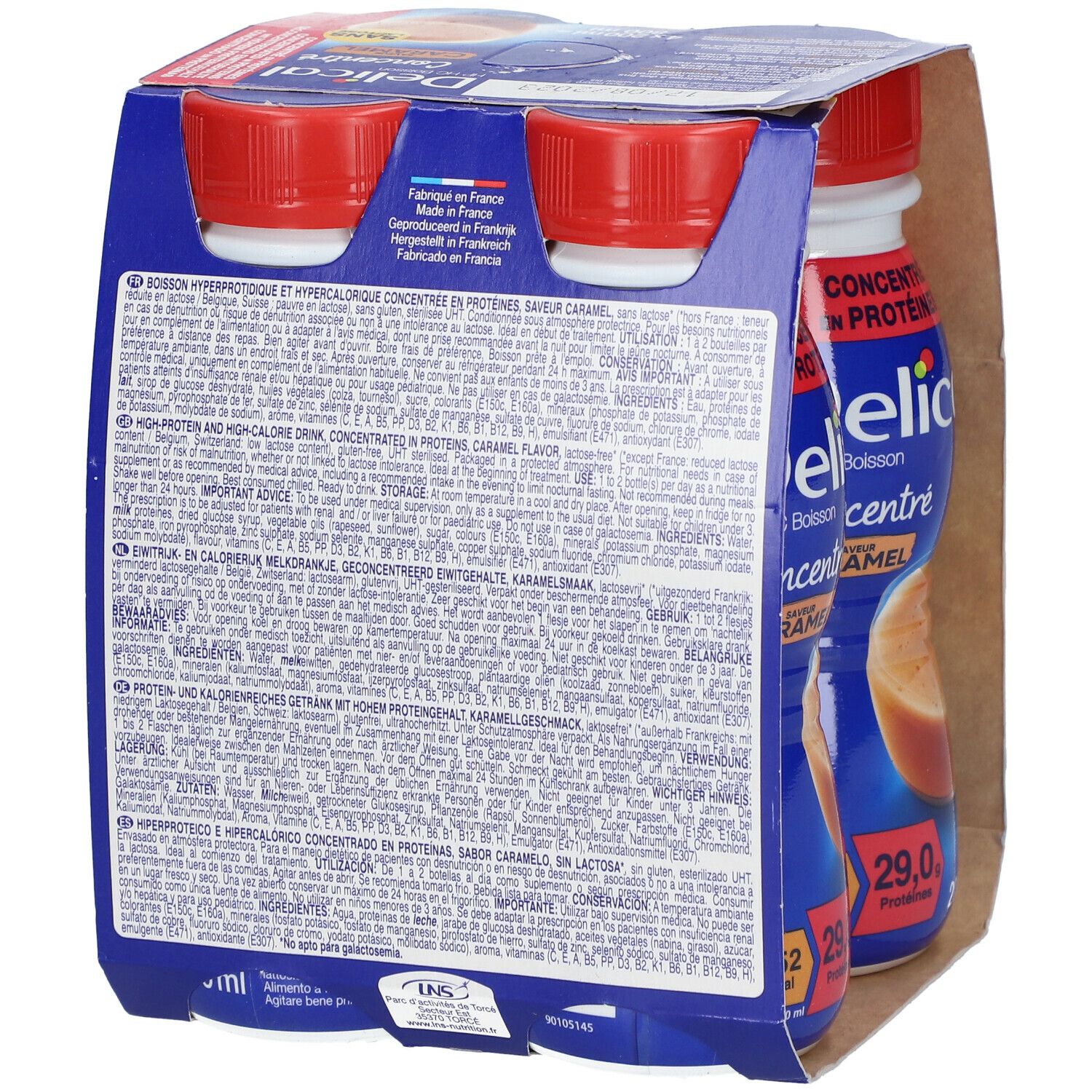 Dos de l'emballage Delical HP HC Boisson Concentré Caramel. Texte multilingue. Fabriqué en France.