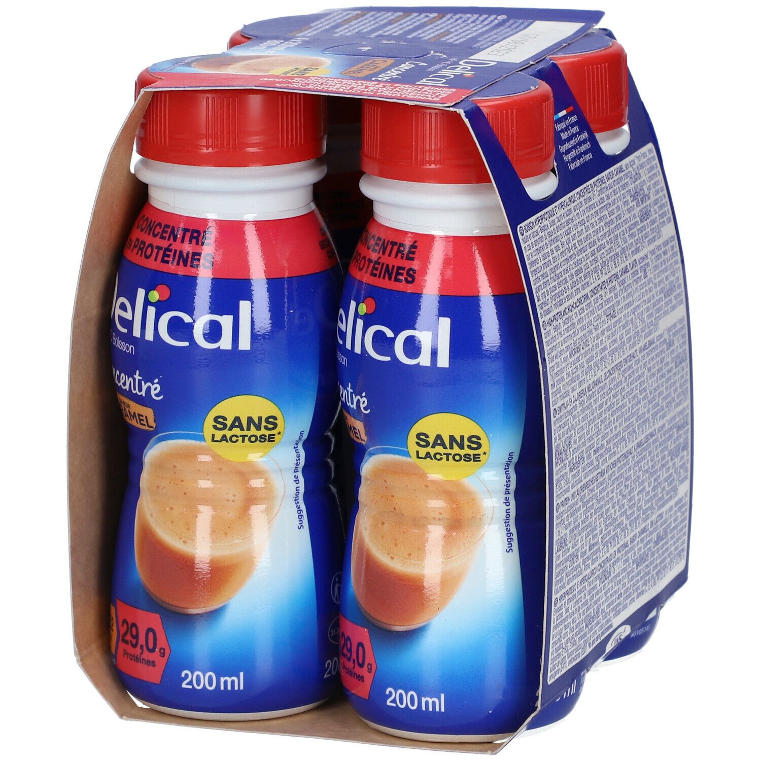 Deux bouteilles Delical HP HC Boisson Concentré Caramel dans un emballage carton. Inscription: Sans Lactose. 200 ml.