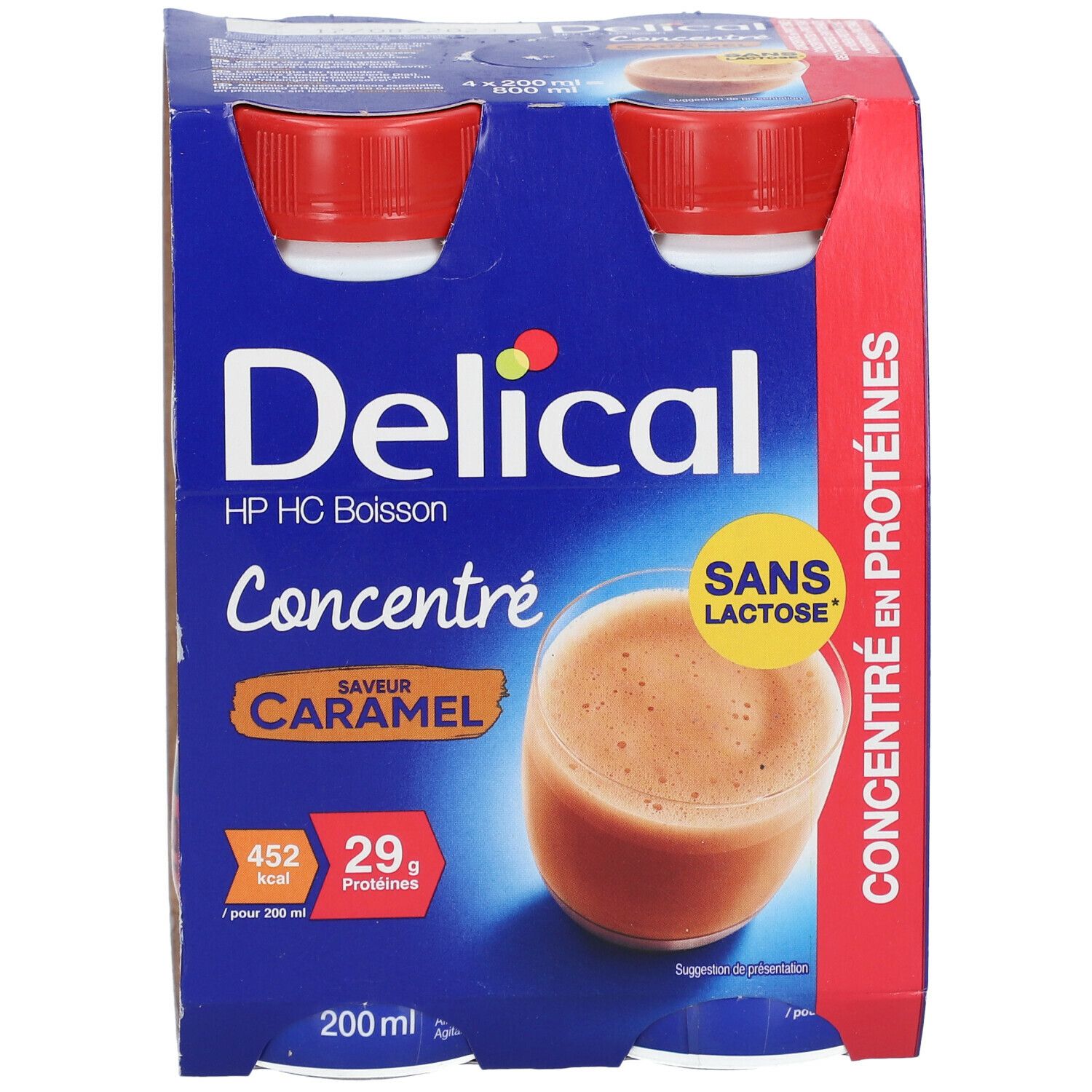 Emballage Delical HP HC Boisson Concentré Caramel. Inscription: Sans Lactose. 200 ml. Saveur: Caramel.