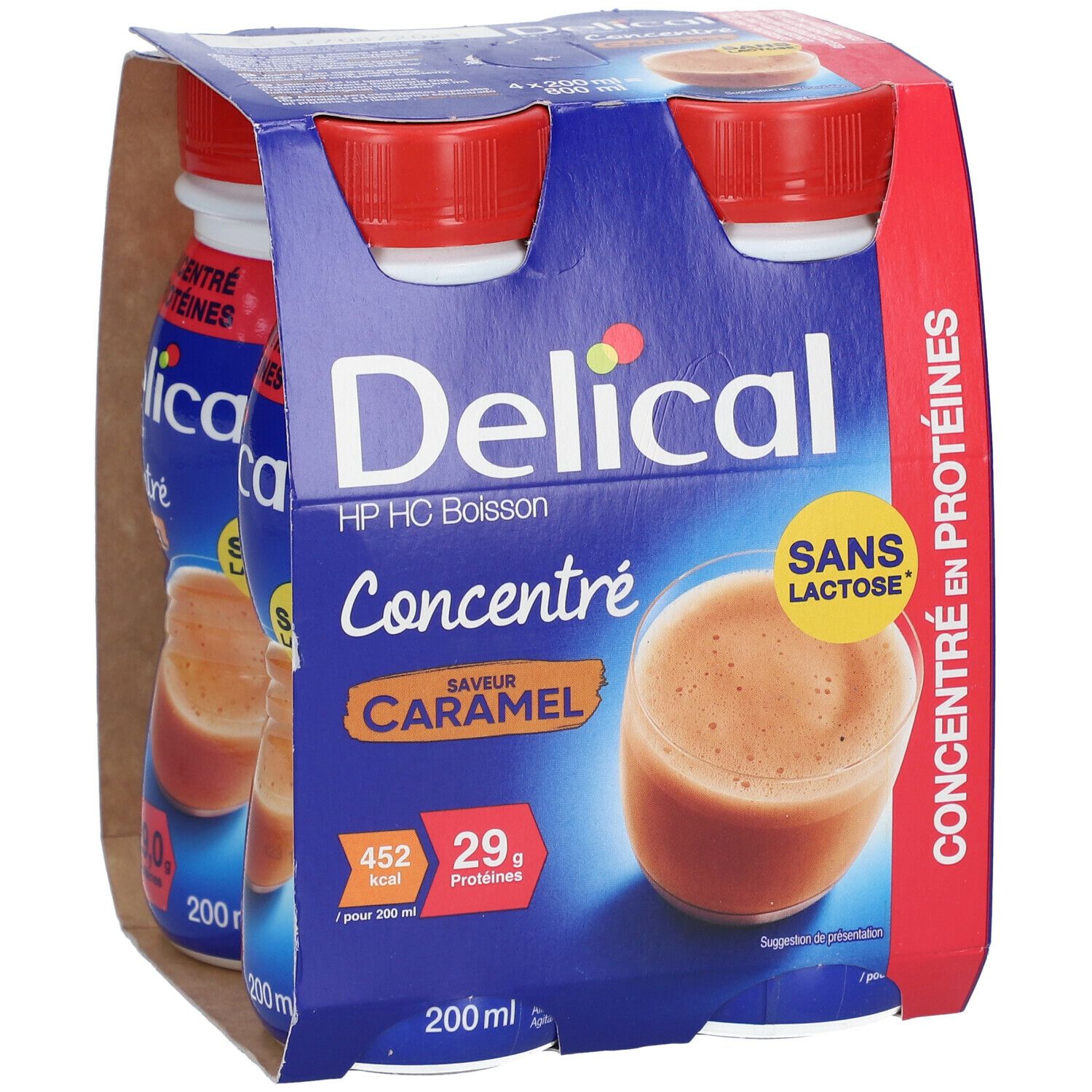 Emballage Delical HP HC Boisson Concentré Caramel. Trois bouteilles visibles. Inscription: Sans Lactose. 200 ml.