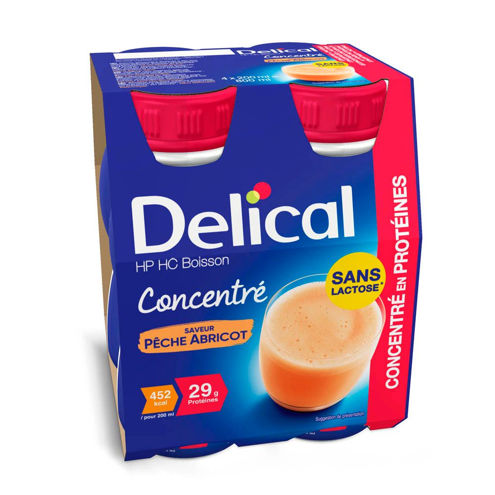 Pack de Delical HP HC Boisson concentrée Pêche Abricot. 4 bouteilles à bouchon rouge. Inscription : 29g protéines, sans lactose.